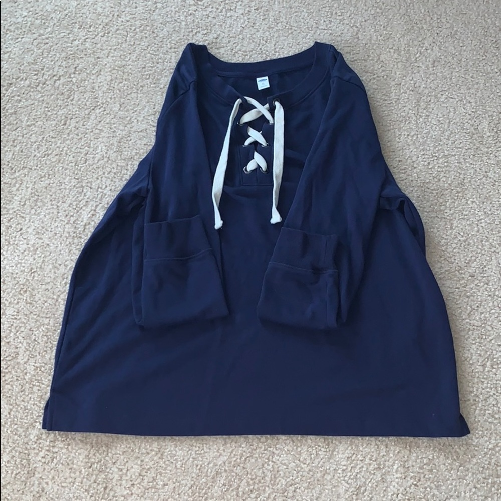 old navy long sleeve navy tie up crew neck